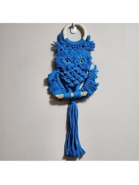 Rustic hand-made macrame wall hanging owl color blue